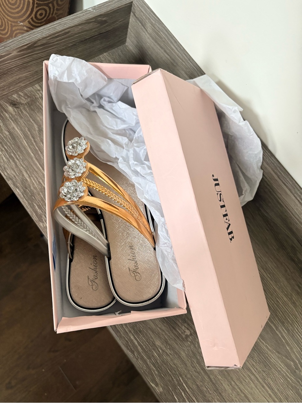 JustFab Gold and Cream Jeweled Thong Sandals